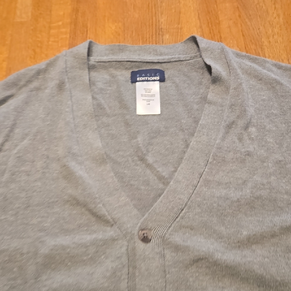 Basic Editions Men Large Gray V-Neck Button Down Ribbed Knit Cardigan Sweater - Picture 3 of 7